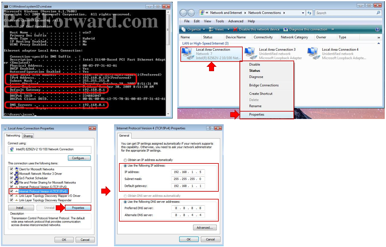 TCP/IP settings for a static IP address